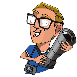 Dit is een bedrijfslogo waarop een getekende man staat met een camera in de hand